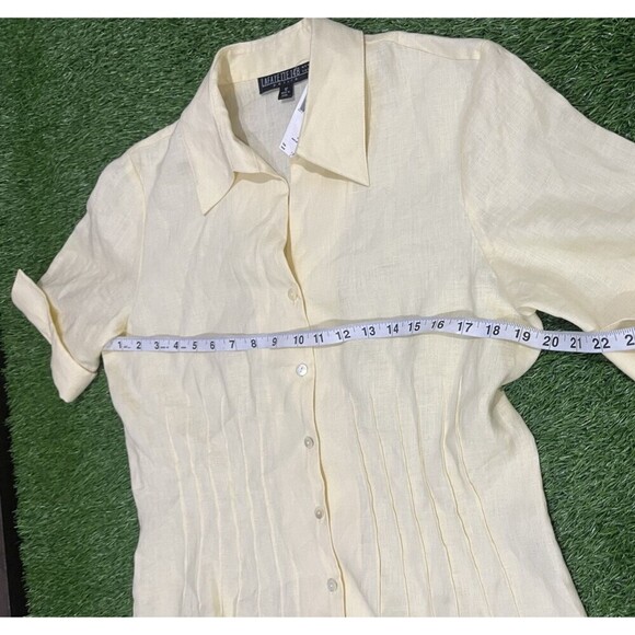 LAFAYETTE 148 Button-Up Short Sleeve Fitted Blue Top Pintuck 100% Linen Size 12 - Picture 9 of 11